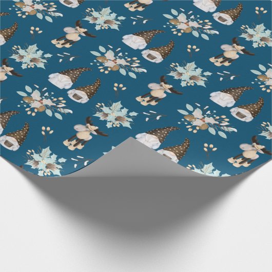 Papier Cadeau Gnomes de Noël et orignal en bleu (Coin)