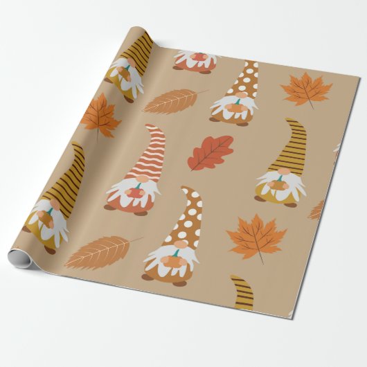 Papier Cadeau Gnomes de Thanksgiving avec feuilles d'automne (Déroulé)