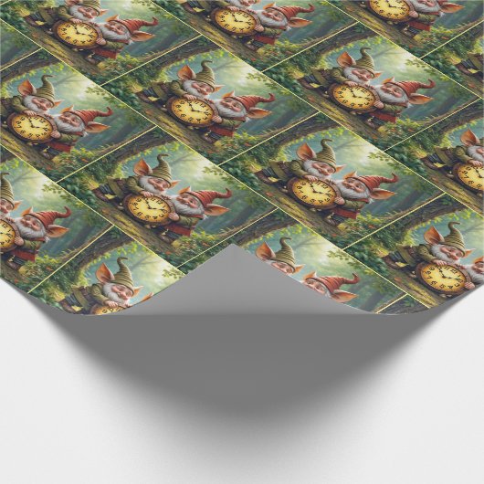 Papier Cadeau Gnomes Forestiers Avec Ancienne Horloge (Coin)