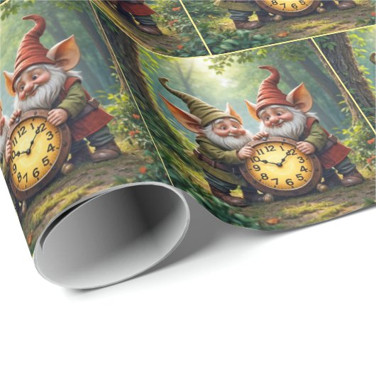 Papier Cadeau Gnomes Forestiers Avec Ancienne Horloge (Coin rond)