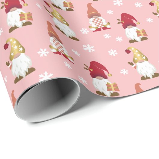 Papier Cadeau Gnomes tendance hiver rose rouge Rose or (Coin rond)
