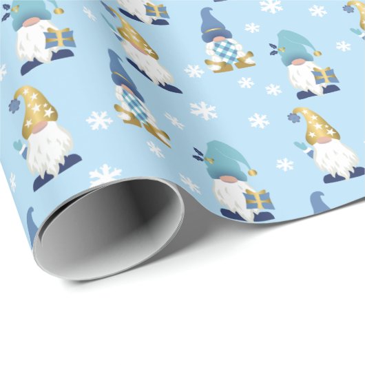 Papier Cadeau Gnomes très tendance Winter Gold Blue (Coin rond)