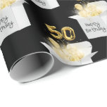 Papier Cadeau Gold 50th Birthday Balloons en boîte<br><div class="desc">Ballons de fête d'or,  rubans,  et poutres brillantes dans une boîte blanche sur noir pour 50e anniversaire. La couleur arrière - plan noire peut être changée.</div>