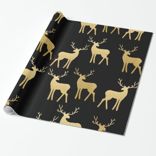 Papier Cadeau Gold Antler Reindeer Holiday Elegant Black (Déroulé)
