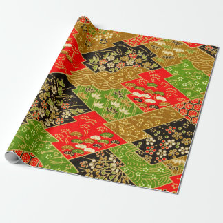Papier Cadeau Gold Black Green Japonais Kimono Floral Decoupage