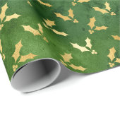 Papier Cadeau Gold Christmas Holly sur Green (Coin rond)