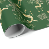 Papier Cadeau Gold Christmas Reindee sur Green (Coin rond)