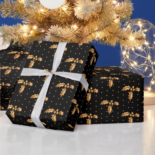 Papier Cadeau Gold et Black Christmas Holly (Vacances)