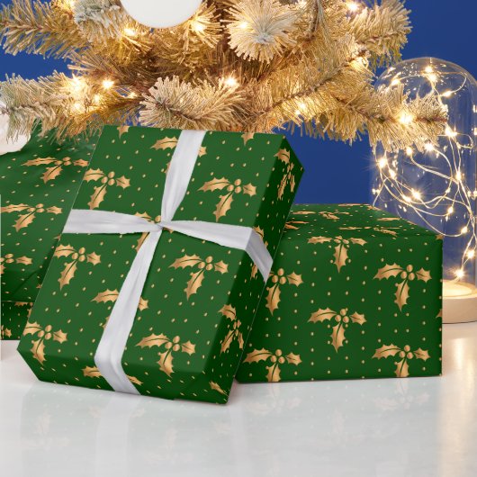 Papier Cadeau Gold et Green Christmas Holly (Vacances)