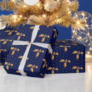 Papier Cadeau Gold et Navy Blue Christmas Holly