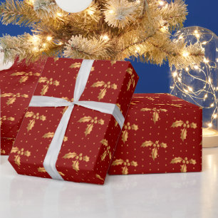 Papier Cadeau Gold et Red Christmas Holly