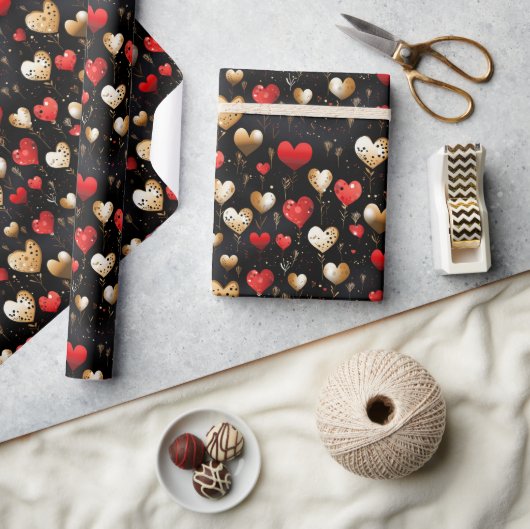 Papier Cadeau Gold et Red Hearts sur Black Luxury (Artisanat)