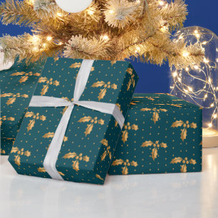 Papier Cadeau Gold et Turquoise Blue Christmas Holly