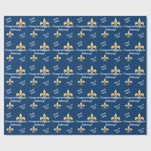 Papier Cadeau Gold Fleur de Lis Graduation bleu personnalisé (Plat)