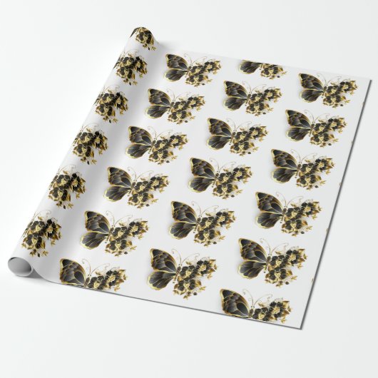 Papier Cadeau Gold flower Butterfly with Black Orchid (Déroulé)