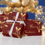 Papier Cadeau Gold Foil Holly Merry Christmas<br><div class="desc">Fun custom red Christmas gift wrapping paper with pretty gold foil look holly leaves and berries</div>