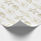Papier Cadeau Gold Foil Look Sea Shells Chic Beach Elegant Blanc (Coin)