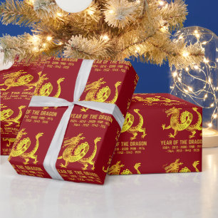 Papier Cadeau Gold Gradient Année Du Dragon Zodiac Rouge