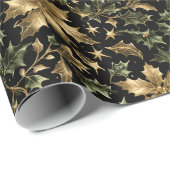 Papier Cadeau Gold & Green Leaves Wrapping Paper on Dark Back (Coin rond)