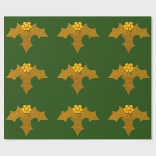 Papier Cadeau Gold Holly sur papier d'enveloppement vert foncé (Plat)