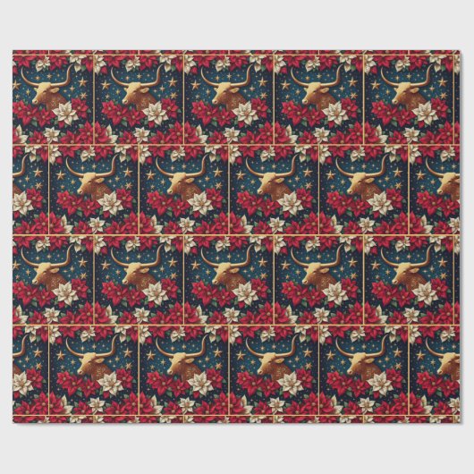 Papier Cadeau Gold Longhorn Steer avec Poinsettias Noël (Plat)