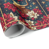 Papier Cadeau Gold Longhorn Steer avec Poinsettias Noël (Coin rond)