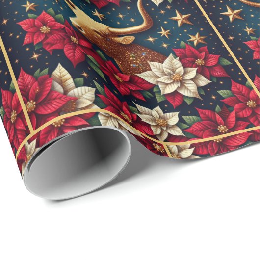 Papier Cadeau Gold Longhorn Steer avec Poinsettias Noël (Coin rond)