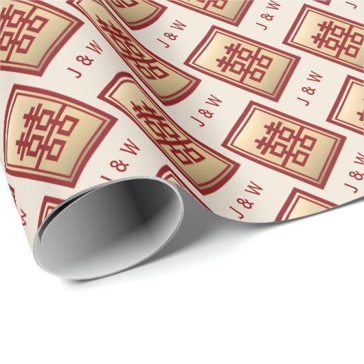 Papier Cadeau Gold Rectangle Double Bonheur Mariage chinois Wr (Coin rond)