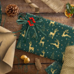 Papier Cadeau Gold Reindeer Christmas Tree Motif ID853<br><div class="desc">Des rennes dansants et dansants parmi des arbres de Noël stylisés dans une fausse feuille d'or sont parsemés de flocons de neige et d'étoiles dans cette élégante conception de papier d'emballage. Choisissez n'importe quelle couleur arrière - plan pour remplacer le vert profond que nous avons choisi comme exemple, ou laisser...</div>