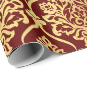 Papier Cadeau Gold Royal Damask Floral Maroon Bourgogne Luxe