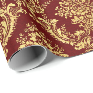 Papier Cadeau Gold Royal Damask Floral Maroon Bourgogne Rouge Lu