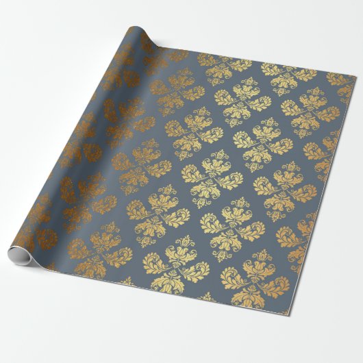 Papier Cadeau Gold Royal Damask Floral Orament Blue Grey Baroqu (Déroulé)