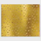 Papier Cadeau Gold Stars Lune Ciel Métallurgique Moutarde Jaune (Plat)