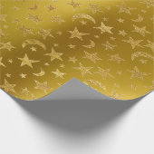 Papier Cadeau Gold Stars Lune Ciel Métallurgique Moutarde Jaune (Coin)