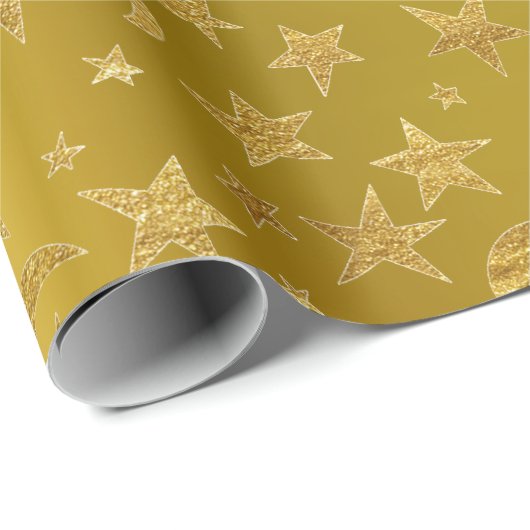 Papier Cadeau Gold Stars Lune Ciel Métallurgique Moutarde Jaune (Coin rond)