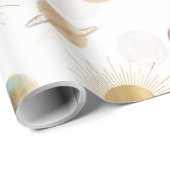 Papier Cadeau Gold Sun Moon Planètes Space Illustration blanche (Coin rond)