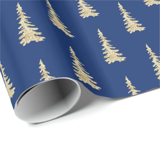 Papier Cadeau Gold Woodland Spruce Trees Forêt Marine Bleu (Coin rond)