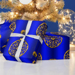 Papier Cadeau Golden Christmas Baubles on Blue<br><div class="desc">A decorative Christmas wrap featuring a pattern of golden Christmas decorations on a colorful,  metallic blue background to add a sophisticated and festive touch to your gift wrapping this holiday season.</div>