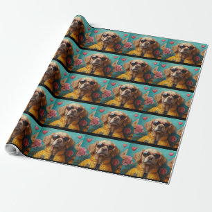Papier Cadeau Golden Retriever avec des roses de cœur pour la Sa