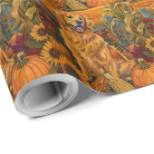 Papier Cadeau Golden Retriever Chien Automne Harvest Thankgiving (Coin rond)