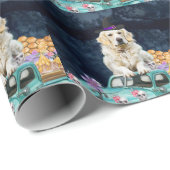 Papier Cadeau Golden Retriever Chien Halloween Camion Effrayant (Coin rond)