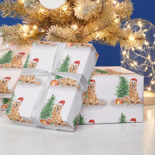 Papier Cadeau Golden Retriever Chien Père Noël Tree Joyeux Noël (Vacances)