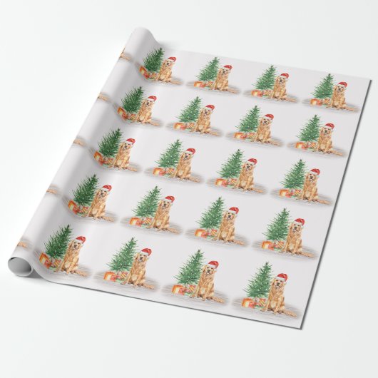 Papier Cadeau Golden Retriever Chien Père Noël Tree Joyeux Noël (Déroulé)