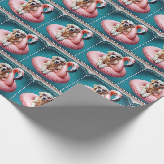 Papier Cadeau Golden Retriever Floating In a Flamingo Pool Toy (Coin)