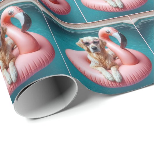 Papier Cadeau Golden Retriever Floating In a Flamingo Pool Toy (Coin rond)