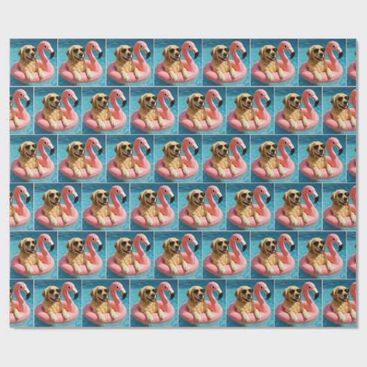 Papier Cadeau Golden Retriever Floating On a Flamingo Pool Toy (Plat)