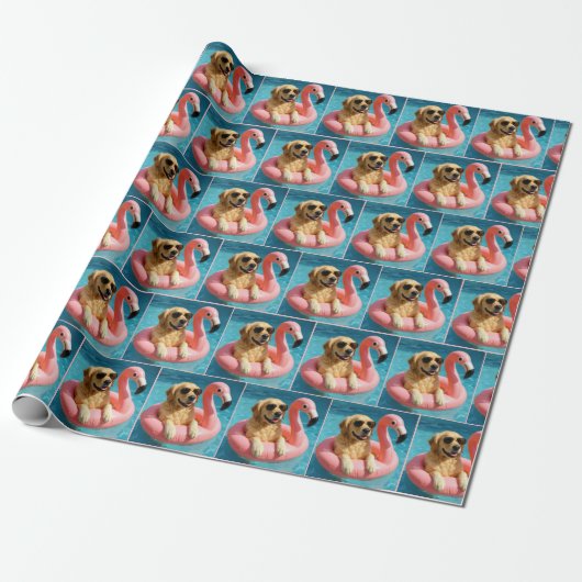 Papier Cadeau Golden Retriever Floating On a Flamingo Pool Toy (Déroulé)