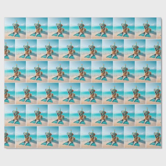 Papier Cadeau Golden Retriever portant tuba et palmes (Plat)