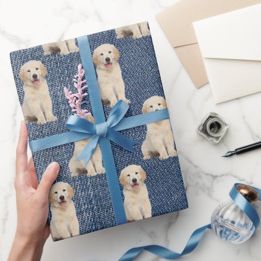 Papier Cadeau Golden Retriever sur Blue Jean Denim (Cadeaux)
