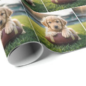 Papier Cadeau Golden Retriever Sur Un Football (Coin rond)